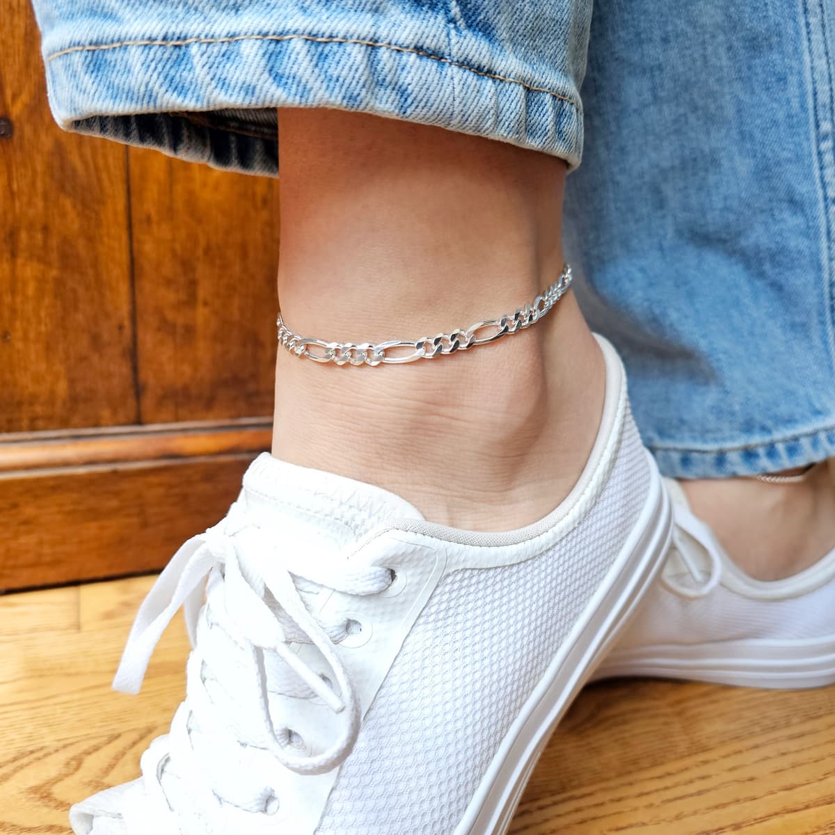 Secondary listing image for 5.8mm Figaro Anklet | .925 Sterling Silver (9.5"+ 1" extension (adjustable) length)