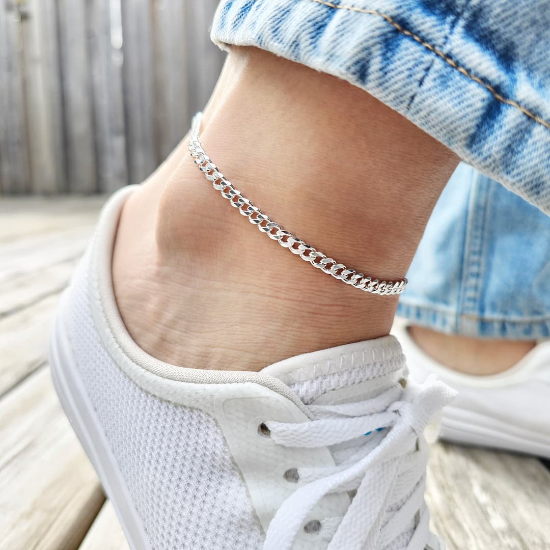 Product gallery image 1 for 4.4mm Curb Anklet | .925 Sterling Silver (9.5"+ 1" extension (adjustable) length)