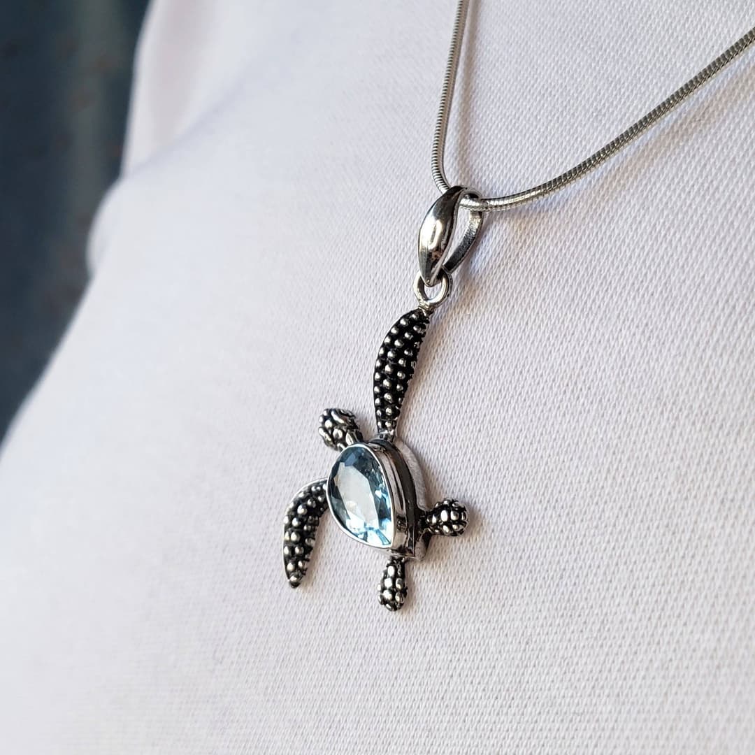 Product gallery image 1 for Turtle Pendant | Blue Topaz + .925 Sterling Silver (Pendant Only - No Chain Included)